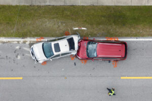 Car crash with two vehicles collided at traffic accident site on Waukegan street.